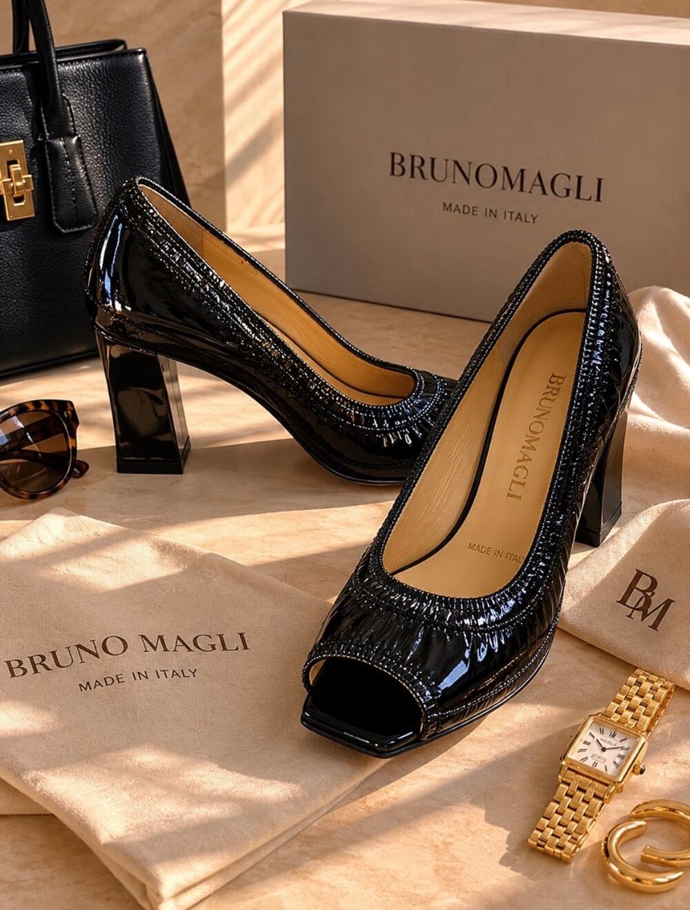Bruno Magli Black Patent Leather Peep Toe Block Heel Pumps Italy 37 US 7 NWT
